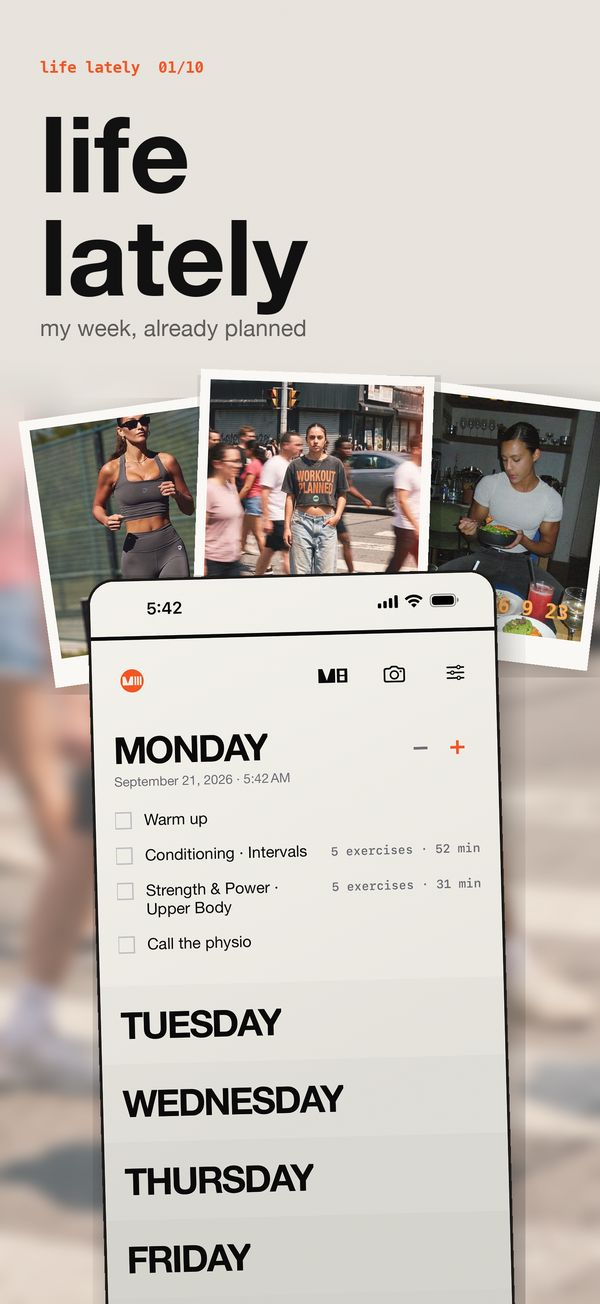 life lately: my week, already planned. The MVIII week with a warm up, conditioning, upper body strength and call the physio on Monday.