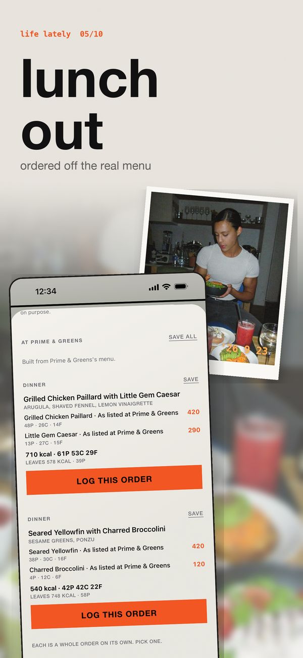 lunch out: an order built from a restaurant's real menu, with what it leaves for the rest of the day.