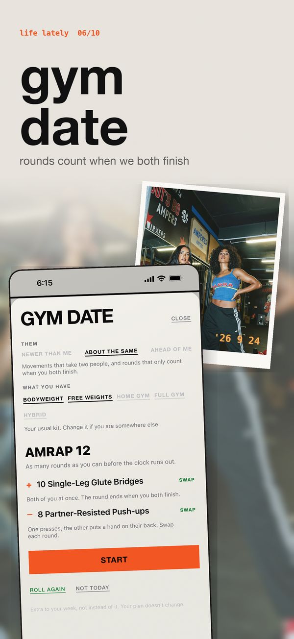 gym date: an AMRAP for two where the round counts when you both finish.