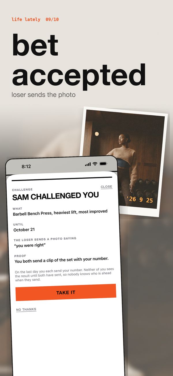 bet accepted: heaviest bench, most improved, by October 21, and the loser sends the photo.