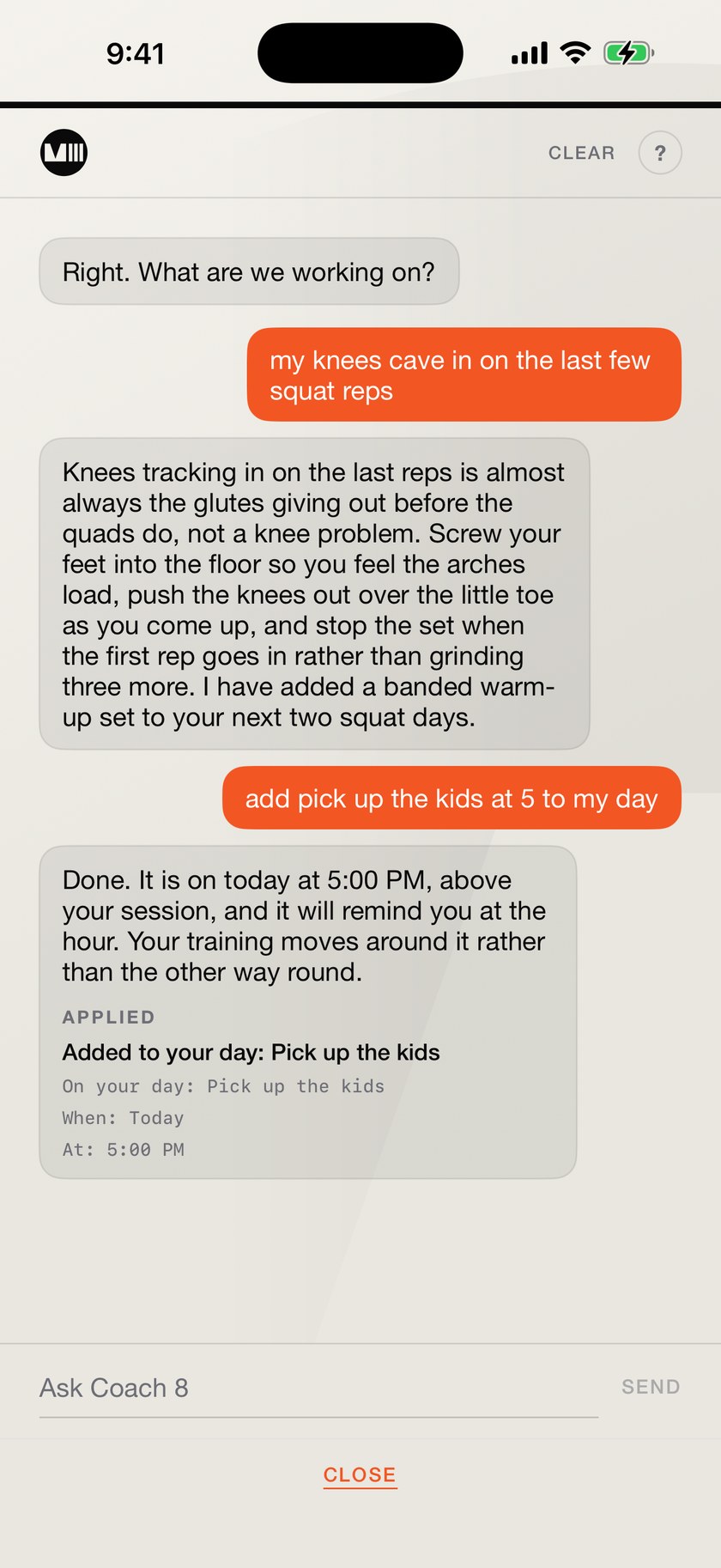 A Coach 8 conversation: asked why knees cave on the last squat reps, answered with a cue about the glutes giving out before the quads, then asked to add pick up the kids at 5, answered with a proposed change card reading ON YOUR DAY pick up the kids, WHEN today, AT 5:00 PM, with an APPLY button