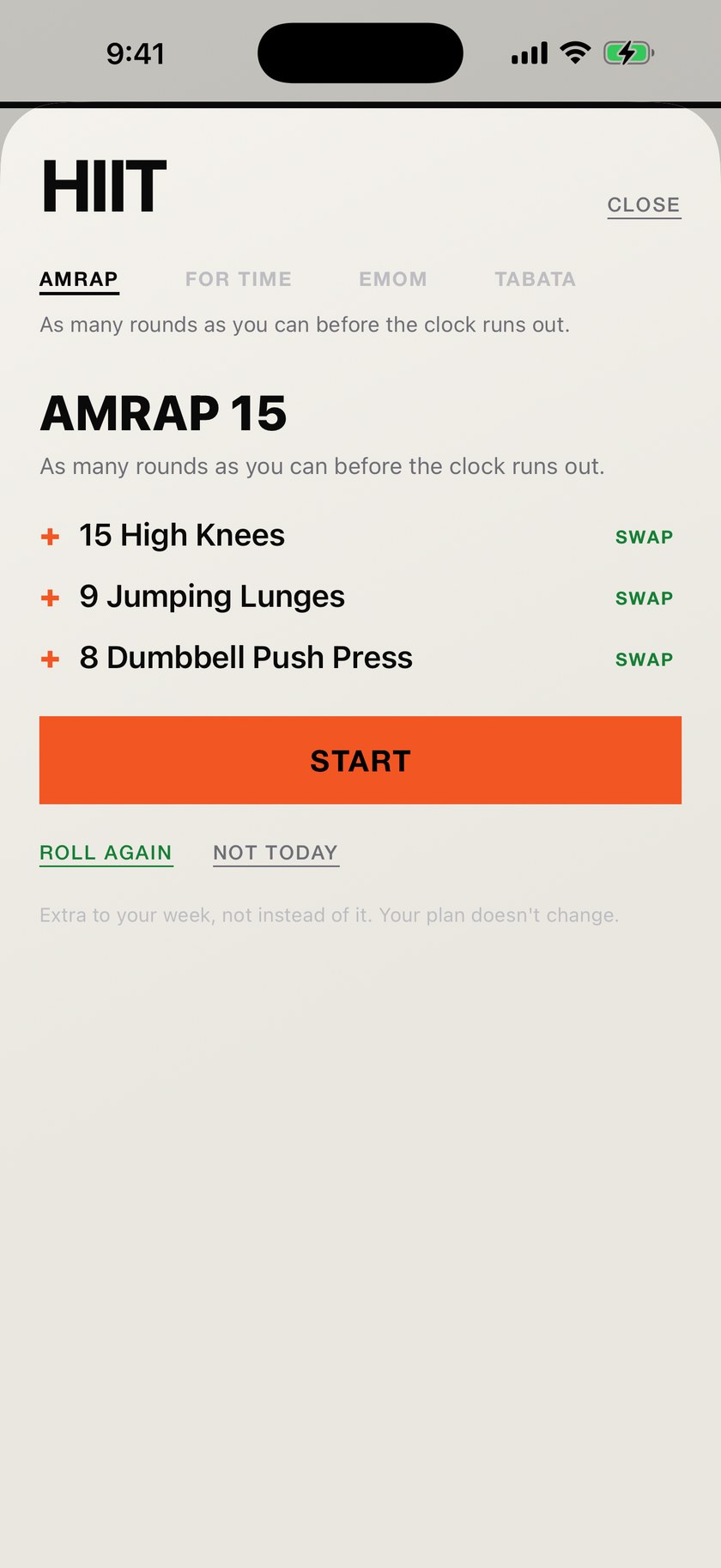 An MVIII HIIT piece rolled as an AMRAP 15 of high knees, jumping lunges and dumbbell push press, each swappable, with AMRAP FOR TIME EMOM and TABATA to choose between and a START button