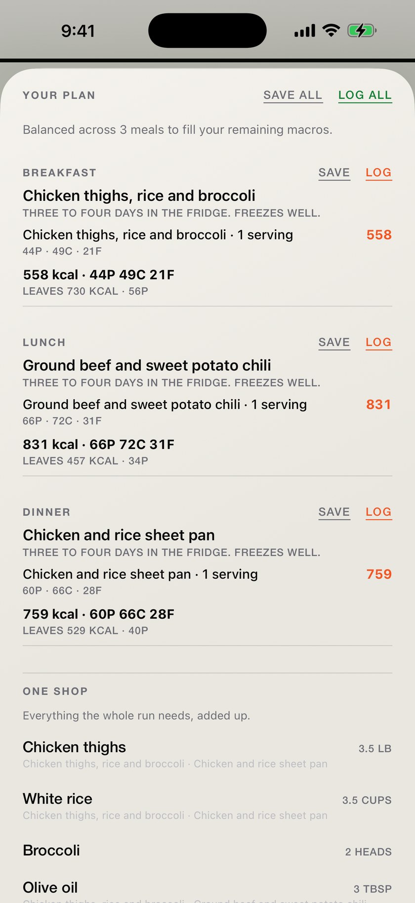 An MVIII plan balanced across three meals against the macros left: chicken thighs with rice and broccoli, ground beef and sweet potato chili, and a chicken and rice sheet pan, each costed and each marked as keeping three to four days and freezing well, followed by a ONE SHOP list adding every dish up