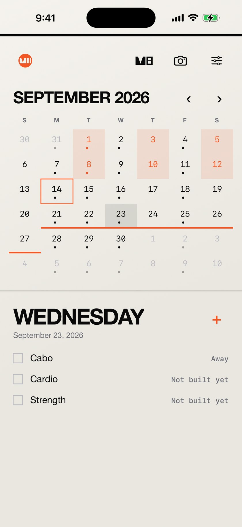 The MVIII month for September 2026 with a week marked away by an orange bar along the bottom of each day, and one of those days opened underneath the grid reading Cabo, away, then a conditioning session and a strength session