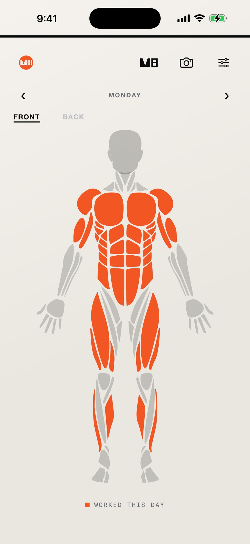 The MVIII muscle map for a single day, with the chest, shoulders, abdominals, quadriceps and calves filled in orange to show what that day trains, and arrows either side to step through the week