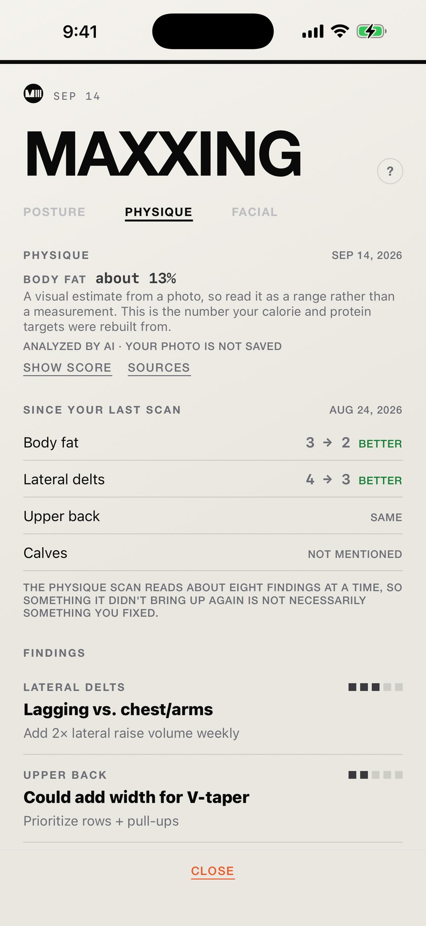 An MVIII physique scan reading about 13% body fat with a note to read it as a range, body fat and lateral delts both better since the last scan, and findings naming lagging lateral delts and upper back with the training fix under each
