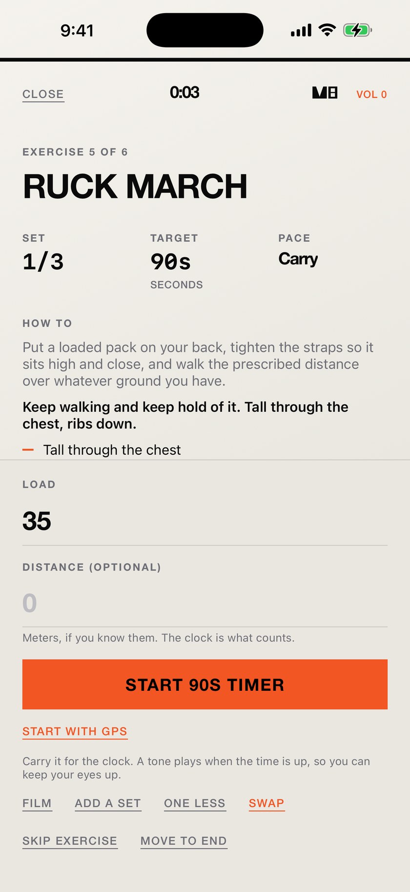 The MVIII workout player on a Ruck March, exercise 5 of 6, set 1 of 3, a 90 second target, a pace of Carry, how-to text about tightening the straps and staying tall through the chest, a load of 35, an optional distance field noting the clock is what counts, and a START 90S TIMER button
