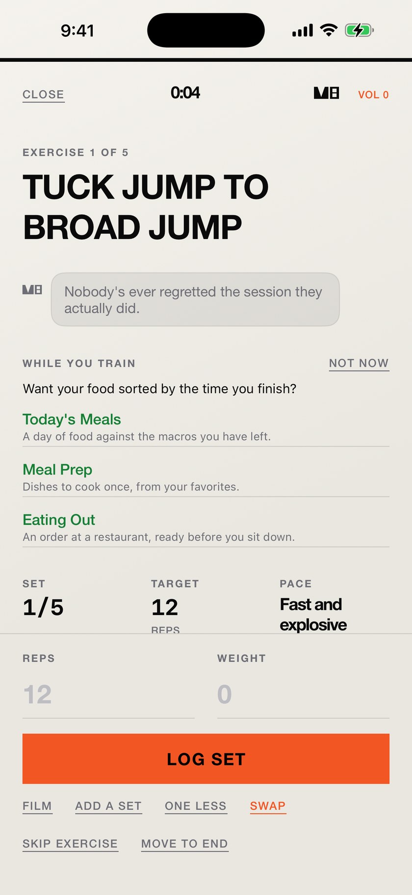The MVIII workout player on Tuck Jump to Broad Jump with a WHILE YOU TRAIN panel asking whether to sort your food by the time you finish, offering Today's Meals, Meal Prep and Eating Out, above the set, target and pace for the movement