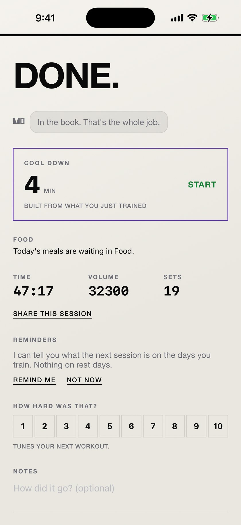 The MVIII workout summary reading DONE, with a three minute cool-down built from what you just trained, a note that today's meals are waiting in Food, 47 minutes and 32,300 of volume across 19 sets, an offer to set reminders on training days only, and a one to ten scale asking how hard the session was